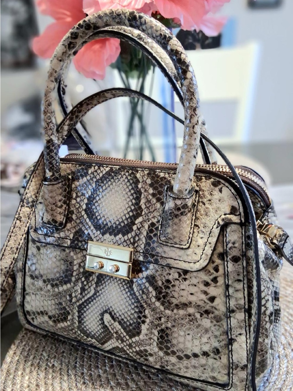 NWOT TORY BURCH ELISE DOME DOUBLE ZIP SNAKE EMBOSSED SATCHEL CROSSBODY